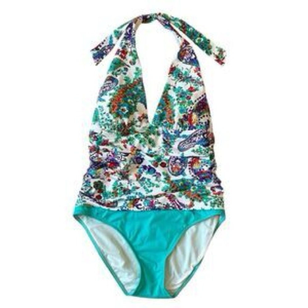 Ralph Lauren Blue Label One Piece halter Swimsuit Blue colorful paisley